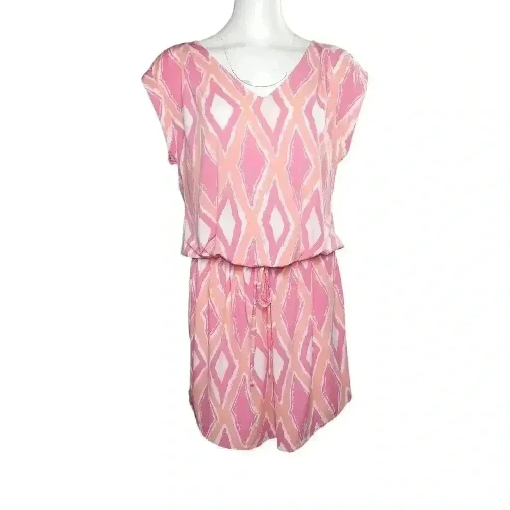 Tori Richard Tie Waist Dress Size Large Pink Blouson Cap Sleeve Mini V-Neck